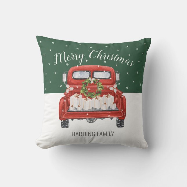 Aangepaste Merry Christmas  Rode Truck Groen Kussen (Voorkant)