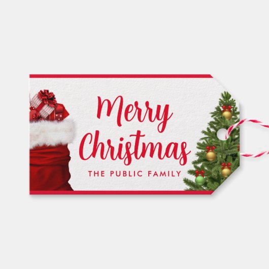 Aangepaste Merry Christmas Script tekst Pine Tree Cadeaulabel (Voorkant (Horizontaal))