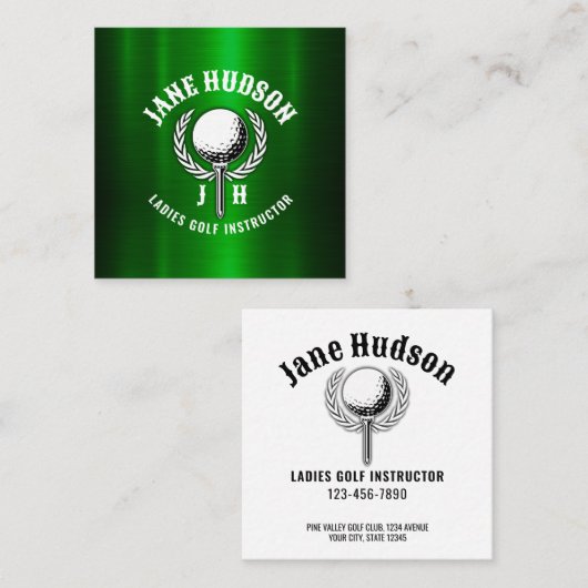 Aangepaste Metallic Groene Golf Monogram Ontwerp Vierkante Visitekaartje (Voorkant / Achterkant)