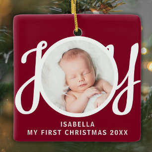Aangepaste Mijn Eerste Kerst Foto Wijnrood Aandenk Keramisch Ornament