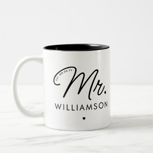 Aangepaste Mijnheer Est. Moderne Elegante Script P Tweekleurige Koffiemok (Links)