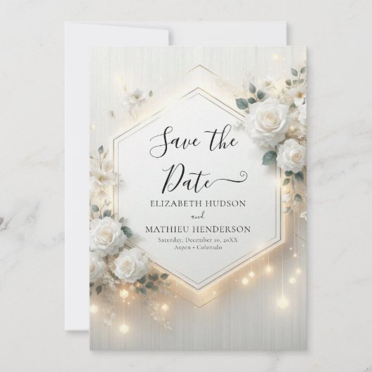 Aangepaste Minimal White Roses Wedding Save The Date (Voorkant)