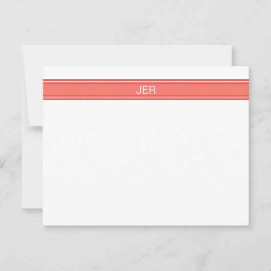 Aangepaste minimale monogram koraalrode streep notitiekaartje (Voorkant)