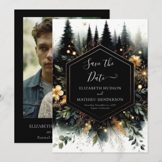 Aangepaste minimalistische betoverde bos bruiloft save the date (Voorkant / Achterkant)