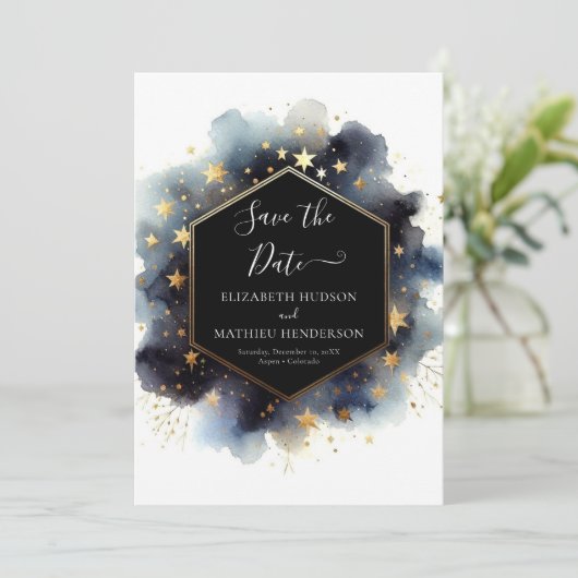 Aangepaste minimalistische hemelse bruiloft save the date (Staand voorkant)