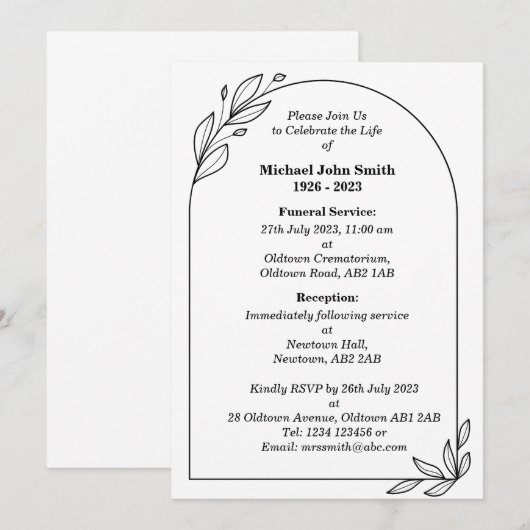 Aangepaste minimalistische uitvaart Kaart (Voorkant / Achterkant)