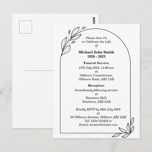 Aangepaste minimalistische uitvaart Kaart (Voorkant / Achterkant)