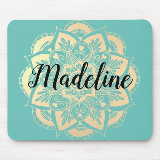 Aangepaste Mint Green en Gold Mandala Flower Muismat (Voorkant)