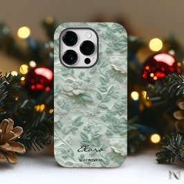 Aangepaste Mint Groen Geborduurde Bloemen iPhone C Case-Mate iPhone 14 Pro Hoesje