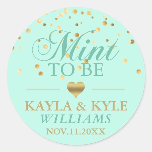 Aangepaste Mint om Mint Gold Confetti bruiloft te Ronde Sticker (Voorkant)