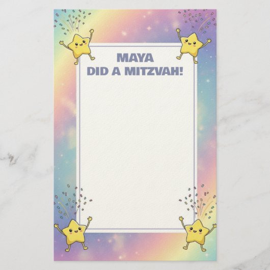 Aangepaste Mitzvah Note Rainbow Confetti Stars Briefpapier (Voorkant)