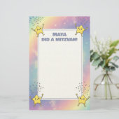 Aangepaste Mitzvah Note Rainbow Confetti Stars Briefpapier (Staand voorkant)