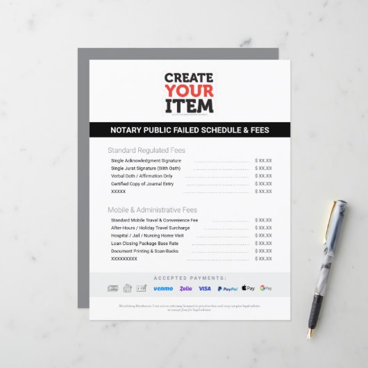 Aangepaste Mobiele Notaris Kosten Schema Prijslijs (Voorkant / Achterkant in situ)