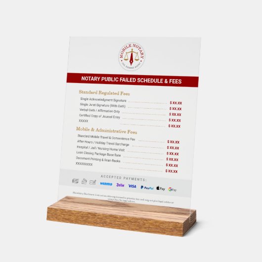 Aangepaste Mobiele Notaris Kosten Schema Prijslijs Acryl Bord (Hoek)