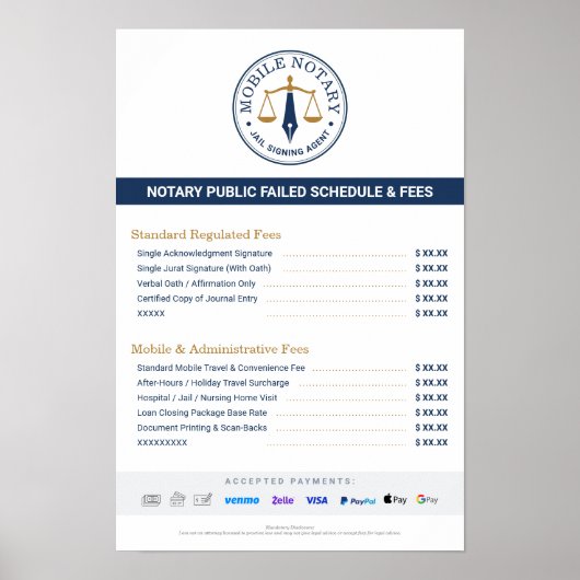 Aangepaste Mobiele Notaris Kosten Schema Prijslijs Poster (Voorkant)
