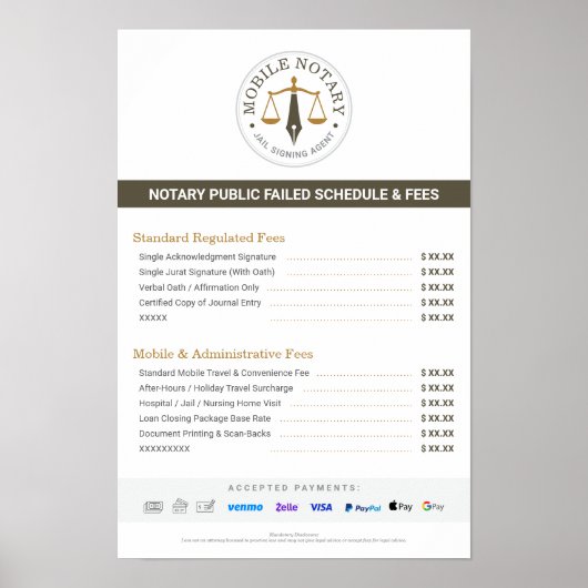 Aangepaste Mobiele Notaris Kosten Schema Prijslijs Poster (Voorkant)
