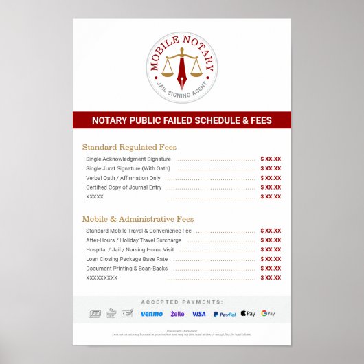 Aangepaste Mobiele Notaris Kosten Schema Prijslijs Poster (Voorkant)