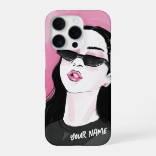 Aangepaste mode zwarte roze moderne meisjesgrafiek iPhone 16 pro hoesje