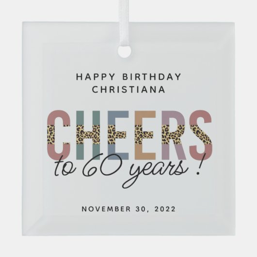 Aangepaste moderne 60e geboortedag-luipaard glas ornament (Voorkant)