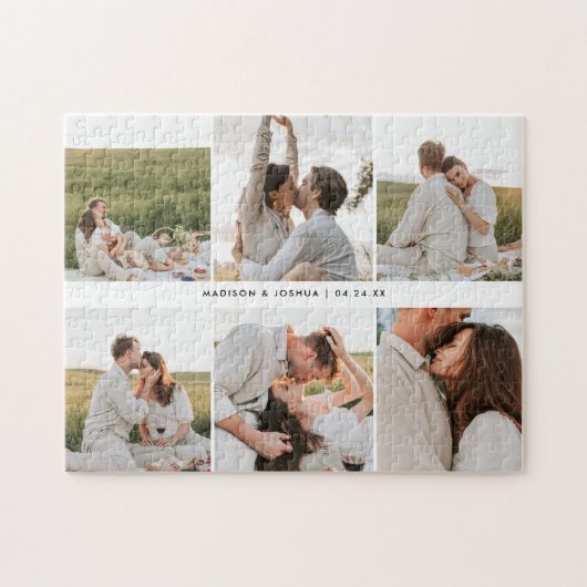 Aangepaste moderne 6-foto collage huwelijkskoppel legpuzzel (Horizontaal)