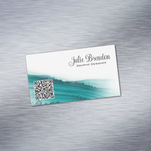 Aangepaste moderne blauwgroen Waterverf Script Magnetisch Visitekaartje (Voorbeeld)