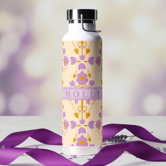 Aangepaste Moderne Bloemige Paars En Crème Waterfles