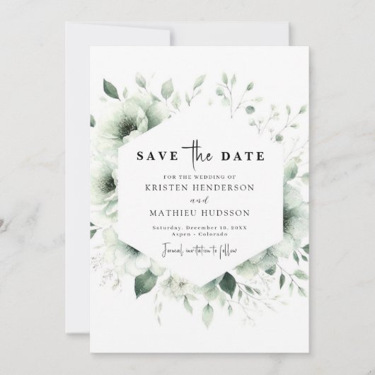 Aangepaste moderne botanische salie groene bruilof save the date (Voorkant)