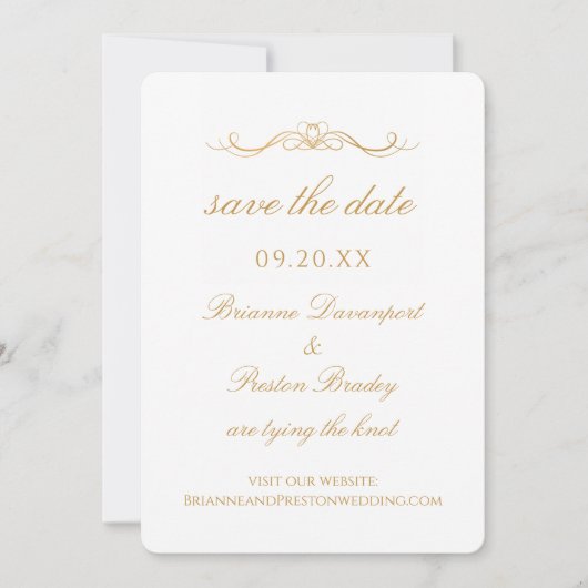 Aangepaste moderne eenvoudige gouden en witte scri save the date (Voorkant)