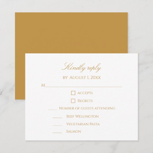Aangepaste moderne elegante script gouden & witte RSVP kaartje (Voorkant / Achterkant)