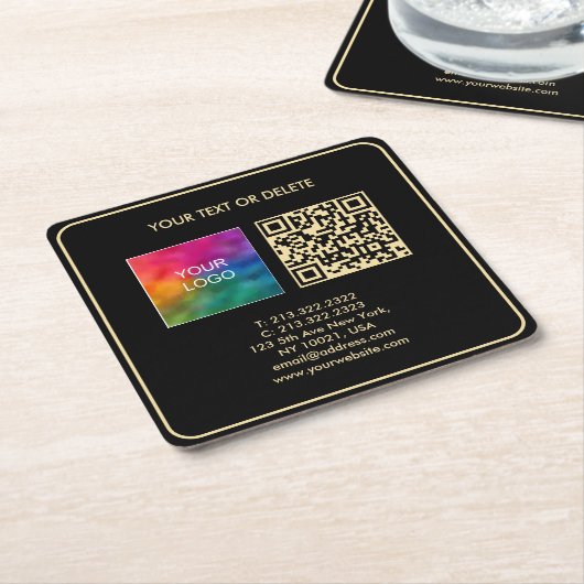 Aangepaste Moderne Elegante Sjabloon Zwart Goud QR Kartonnen Onderzetters (Schuin)