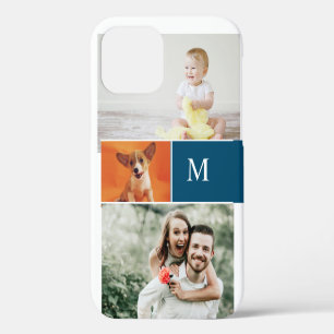 Aangepaste moderne fotocollage blauwe monogram iPhone 12 hoesje