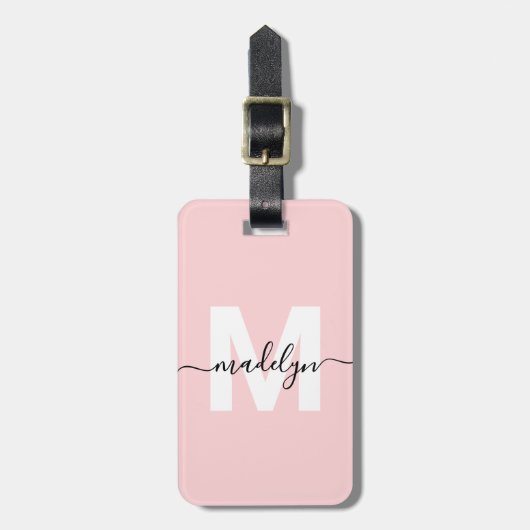 Aangepaste Moderne Girly Blush Roze Monogram Naam Bagagelabel (Voorkant verticaal)