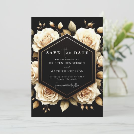Aangepaste moderne gouden en zwarte bruiloft save the date (Staand voorkant)