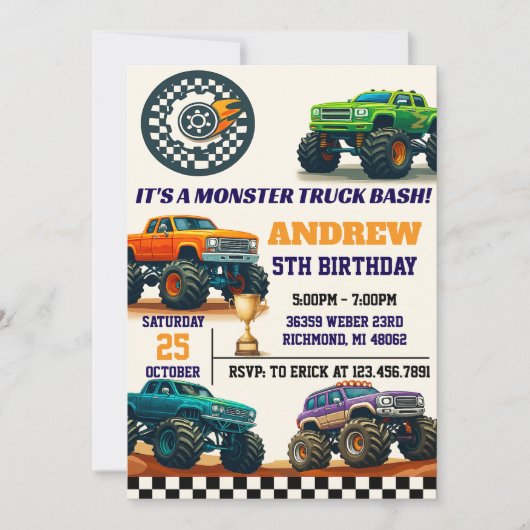 Aangepaste Moderne Jongen Monster Truck Party Verj Kaart (Voorkant)