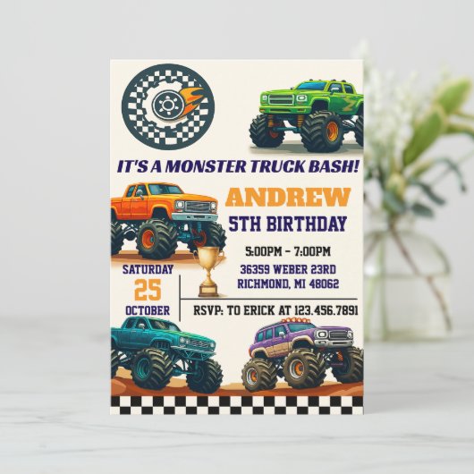 Aangepaste Moderne Jongen Monster Truck Party Verj Kaart (Staand voorkant)