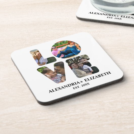 Aangepaste moderne liefde 4 fotocollage voor paren bier onderzetter (Linkerzijde)