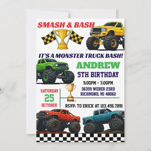 Aangepaste Moderne Monster Truck Boys Party Verjaa Kaart (Voorkant)