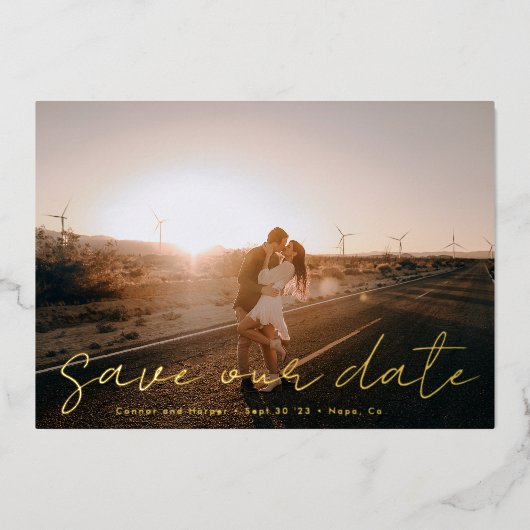 Aangepaste moderne namen foto Gold Save the Date F Folie Uitnodiging (Voorkant)