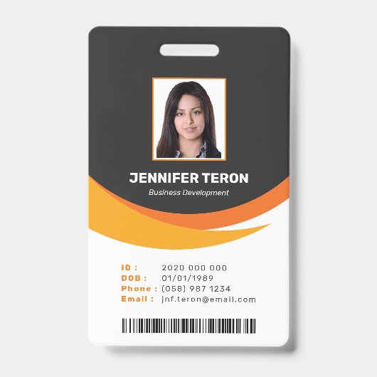 Aangepaste moderne oranje personeelskaart met barc badge (Voorzijde)