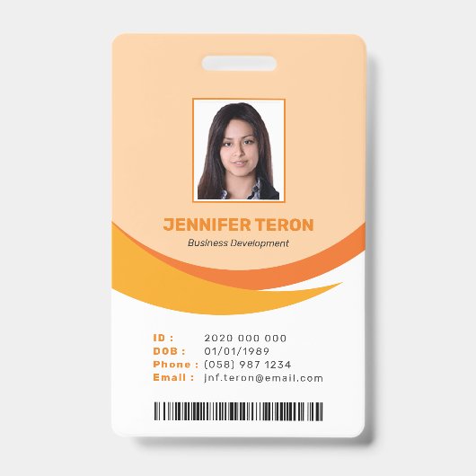 Aangepaste moderne oranje personeelskaart met barc badge (Voorzijde)