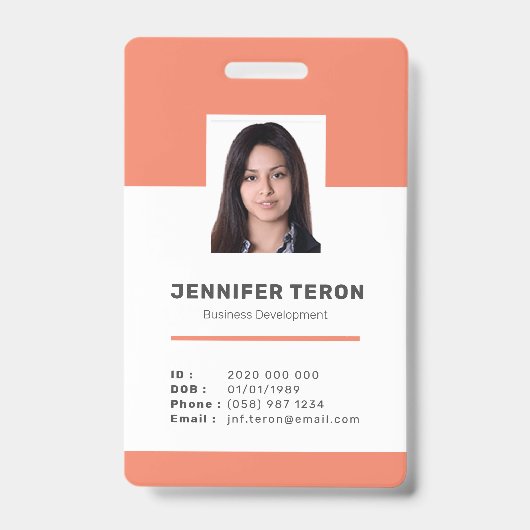Aangepaste moderne oranje personeelskaart met barc badge (Voorzijde)