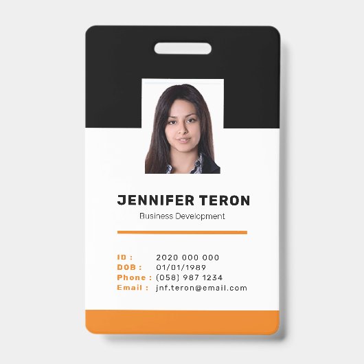 Aangepaste moderne oranje personeelskaart met barc badge (Voorzijde)