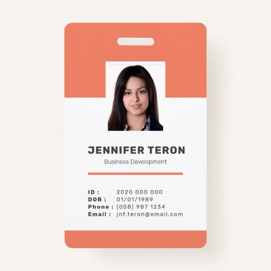 Aangepaste moderne Oranje werknemersidentiteitskaa Badge (Voorkant)