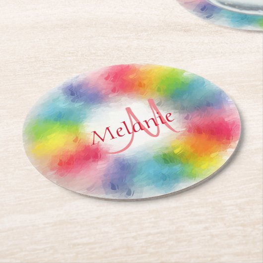 Aangepaste moderne regenboog Abstracte monogram Sj Ronde Kartonnen Onderzetter (Gebogen)
