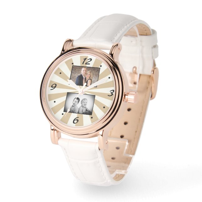 Aangepaste Moderne Zonnestraal 2 Fotocollage Horloge (Hoek)