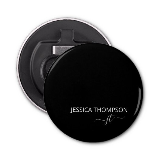 Aangepaste moderne zwarte monogram button flesopener (Voorkant)