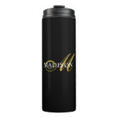 Aangepaste moderne zwarte monogram gouden scriptna thermosbeker (Voorkant)