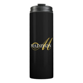 Aangepaste moderne zwarte monogram gouden scriptna thermosbeker