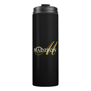 Aangepaste moderne zwarte monogram gouden scriptna thermosbeker
