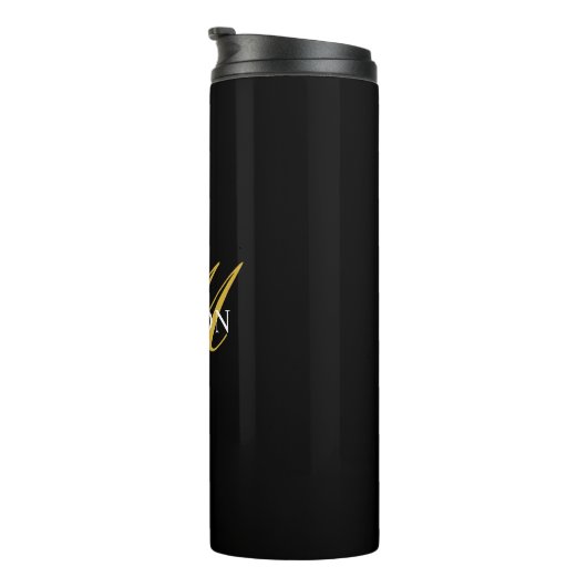 Aangepaste moderne zwarte monogram gouden scriptna thermosbeker (Geroteerd rechts)